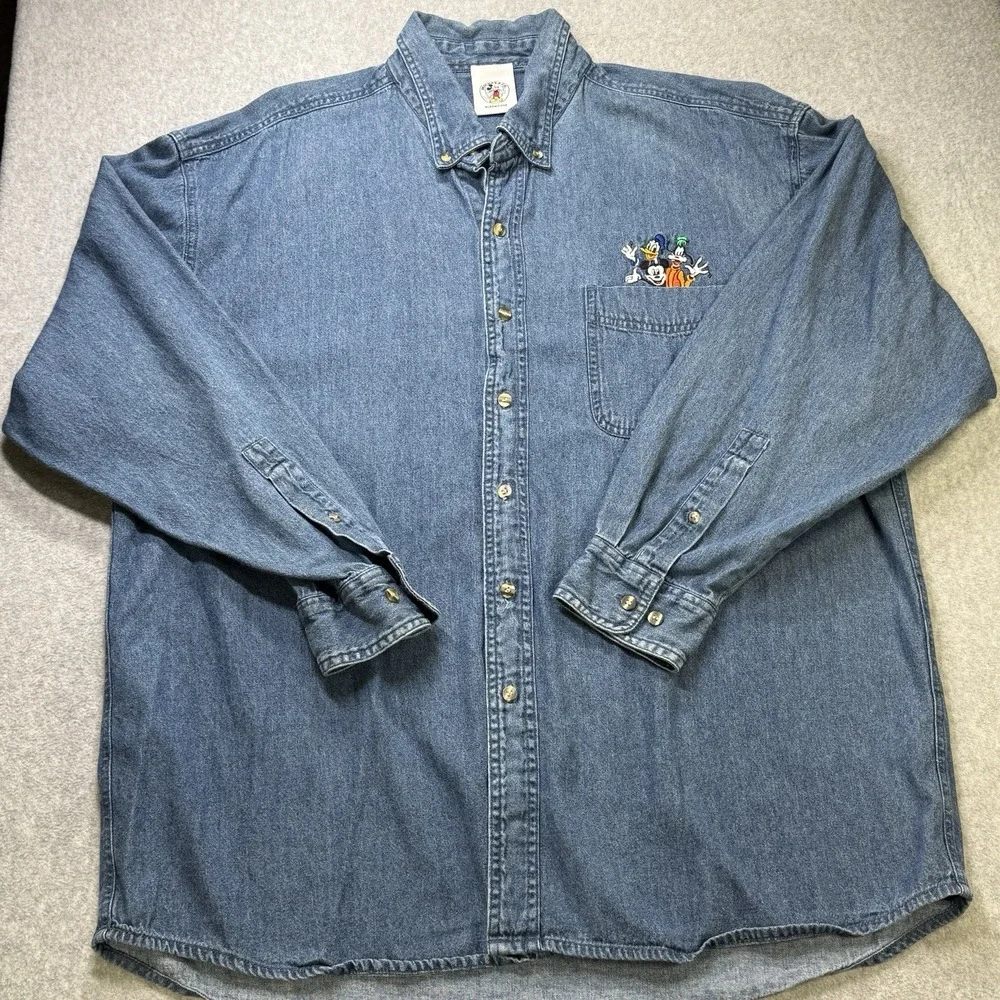 Vintage Disney Mickey‎ Denim Button Down Shirt Mickey Donald Goofy XL